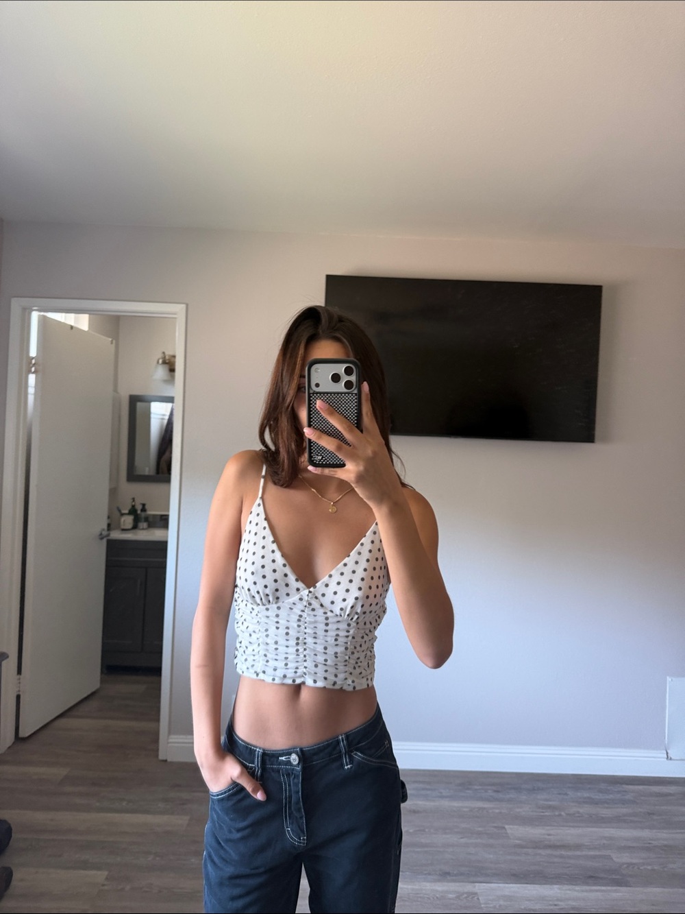 Urban Outfitters White Polka Dot Ruched Crop Cami